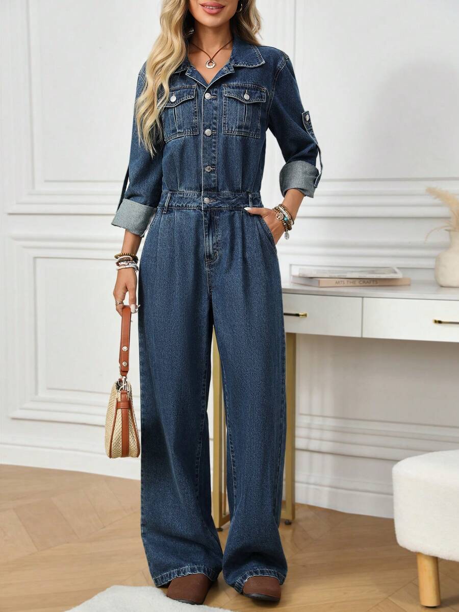 EMERY ROSE 女士袖口纽扣半开襟休闲牛仔连体裤阔腿裤