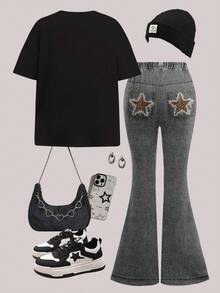 SHEIN Leap Crew Bộ 2 áo thun tay ngắn cổ tròn in họa tiết da báo và ngôi sao dáng rộng cho bé gái tuổi teen và quần ống loe, phù hợp cho mùa thu - trắng - Xem 2