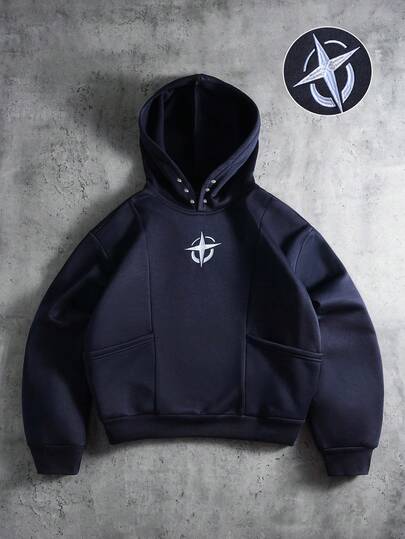 PAVTROS 男士休闲时尚街头刺绣拼接口袋连帽衫，带保暖内衬，秋冬季藏蓝色短款连帽衫，男士短款连帽衫，交叉连帽衫，宽松，印花，朋友，另类，朋友，街头服饰，男士，慢跑，连帽衫，长袖上衣