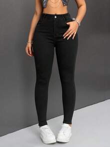 SHEIN PETITE Casual Solid Color Slim Fit Thermal Lined Jeans - Multicolor - View 4