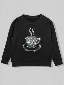 EMERY ROSE Women's Shiny Coffee Pattern Printed Soft Knit Sweater, Comfortable Round Neck Long Sleeve Casual Top, Suitable For Daily Casual Wear - Black - View 4