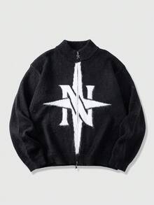 ROMWE MEN Street Life Chaqueta de punto jacquard para hombre, corte holgado - Negro - Ver 1