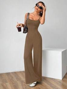 SHEIN Unity Bộ đồ liền thân ống đứng lưng thun bó sát màu trơn đơn giản dành cho nữ - Màu Khaki - Xem 2