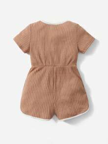 Baby Girl Casual Everyday Commute Sports Style Letter Contrast Piping Ribbed Knit Romper, Summer - Apricot - View 2