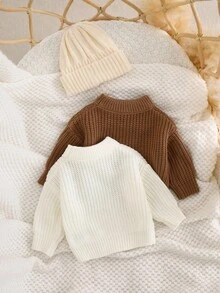 SHEIN 2pcs Newborn Baby Girl Solid Color Casual Knit Long Sleeve Sweater, Suitable For Autumn And Winter