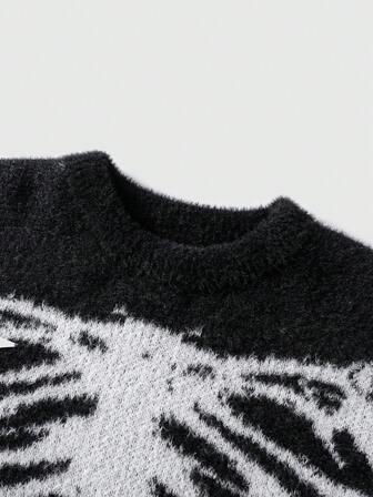 Goth Men's Skeleton Pattern Crew Neck Long Sleeve Casual Faux Fur Sweater, Autumn/Winter