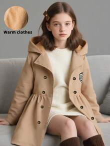 SHEIN Chaqueta de invierno casual con capucha y forro térmico para niñas de largo medio - Caqui - Ver 4