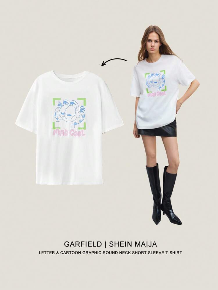 SHEIN Maija Women's Letter & Cartoon Graphic Round Neck Short Sleeve T-Shirt