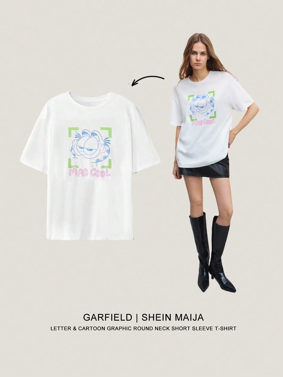 Maija GARFIELD | SHEIN 女式字母与卡通图案圆领短袖T恤 - 白色 - 查看 1