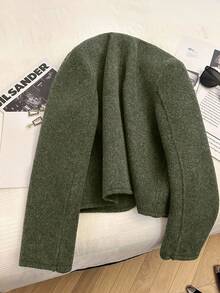 Franclia 时尚法式优雅短款棕色圆领长袖女士大衣，秋冬 - 軍綠色 - 查看 2