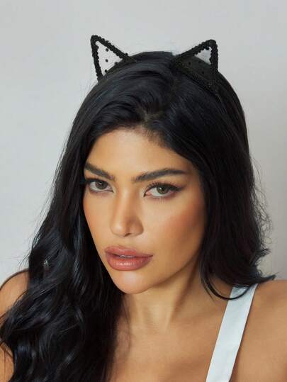 CUCCOO SZL 1 件万圣节卡通蕾丝猫耳头带，性感镂空兔耳朵女士发带，黑色，女士发带，秋季服装，发箍