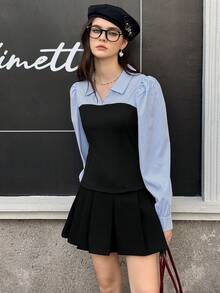 SHEIN Blusa a righe e patchwork per giovani donne, maniche a palloncino, polsini a maniche a lanterna, adatta per pendolarismo quotidiano, casual, vacanze in primavera e autunno