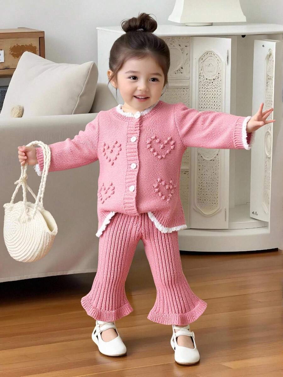 SHEIN Ruffled Heart Toddler Bell-Bottom Outfit,Cute Peach-Pink White,Autumn Matching Family Toddlers Ruffled Texture Top&Elastic Waist Pants Comfortable Set