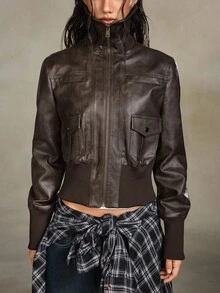 ROMWE Grunge Punk 复古街头风格仿旧 PU 机车风领口修身女式夹克