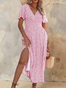 Roveilla 大码女式碎花褶皱腰部高开衩长裙套装