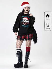 ROMWE Goth 女式哥特式圣诞字母和骷髅印花毛绒拼布圆领运动衫 - 黑色 - 查看 1