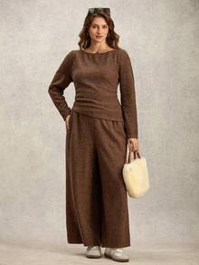 Zelara 2pcs Plus Size Set, Textured Comfortable Fabric Top And Pants Brown Two Piece Set Women Plus Size Co Ord Set - Khaki - View 3