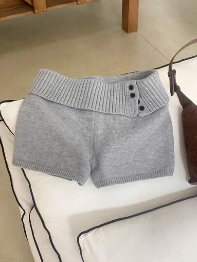 Comfortcana 女士罗纹针织休闲灰色迷你毛衣短裤，纯色针织灰色短裤，优雅针织短裤
