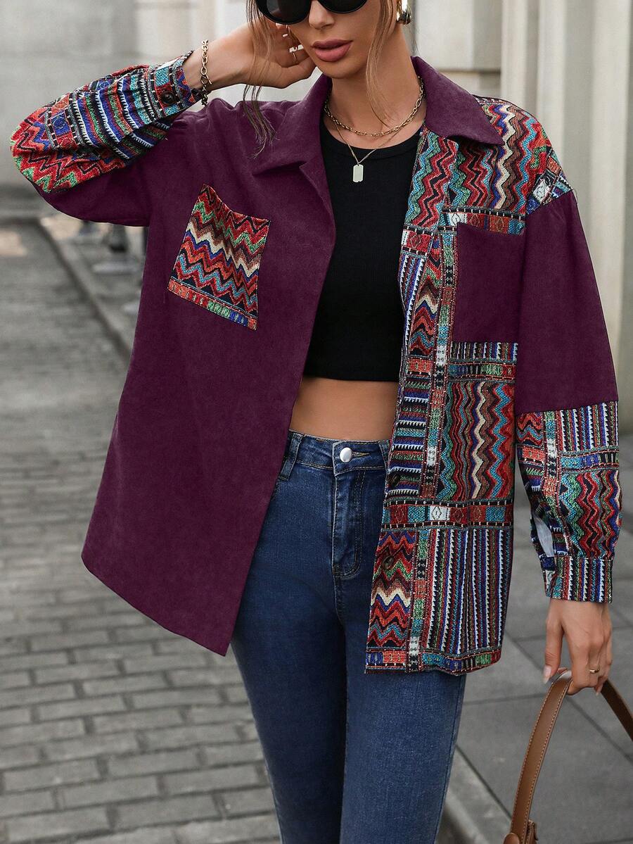 SHEIN LUNE Women's Casual Loose Contrast Color Corduroy Regular Jacket - Burgundy - View 1