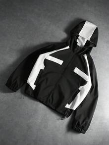 PAVTROS 男士休闲撞色拉链连帽长袖夹克，男士科技风街头风拉链黑白夹克 - 黑色 - 查看 3