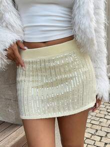 SHEIN EZwear Pailletten Butter Gelb Dekor Lässig Mode Mini Frauen Pullover Rock, Party Rock, Herbst für Frauen, Weihnachten Frauen, Neujahr - Gelb - Übersicht 1