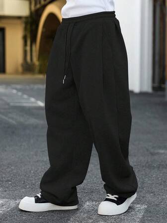 Manfinity Hypemode Calça de moletom masculina com cordão na cintura e pernas largas, calça de moletom com pernas largas, calça de moletom masculina com pernas largas, calça larga Y2K, calça larga preta