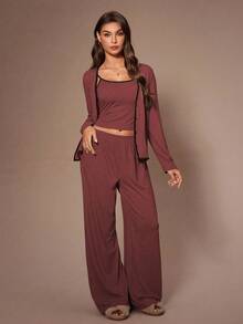 Lazeform 3 pièces Ensemble de tenue de détente femme avec haut ajusté à manches longues de couleur unie, débardeur et pantalon. Vêtements d'automne et d'hiver