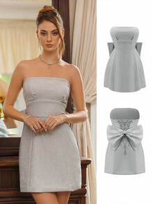 SHEIN Unity Women's Metallic Pleated Bust Mini Dress With Bowknot Back, Suitable For Party In Autumn/Winter - Silver - View 11