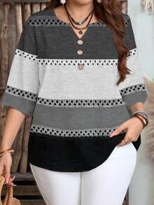 EMERY ROSE Camisa holgada de mujer talla grande con cuello redondo, mangas 3/4 y patrón de rayas de bloques de color para otoño/invierno - Blanco y Negro - Ver 5