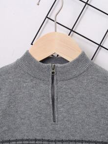 SHEIN 复古图案宽松长袖半拉链毛衣，适合青少年男孩 - 灰色 - 查看 8