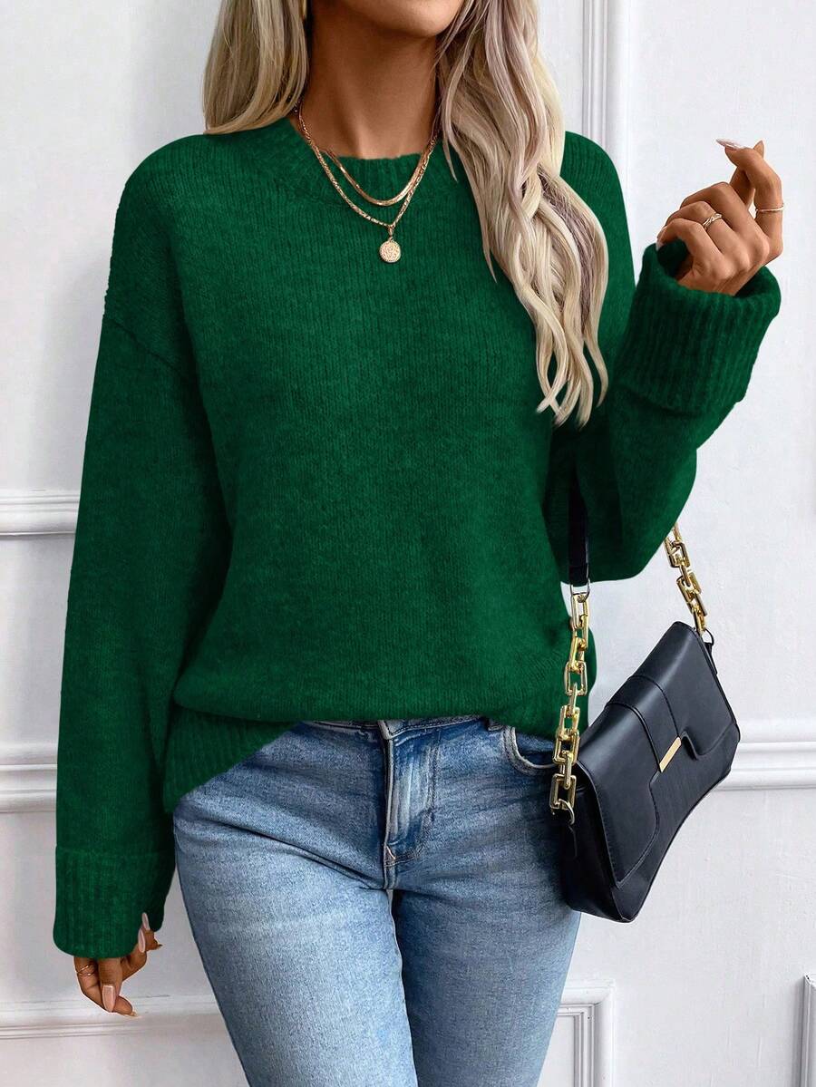 EMERY ROSE Damen Grüner Rundhalspullover aus Wollmischung mit umgedrehtem Bündchen - Grün - Übersicht 1