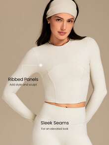 GLOWMODE FeatherFit™ Soft Stretchy Ribbed Seam-Dividing Design Long-Sleeve Tee Top Low Impact Yoga Pilates Studio Daily Casual Wear Removable Cups