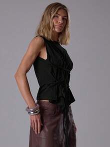 MUSERA Top de cuello alto con detalle de lazo alrededor de la cintura, elegante para salir de noche en otoño, sexy y lindo, ropa de calle para primavera y verano - Negro - Ver 3