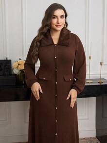 Modelyn Knitted Ribbed Patchwork Faux Fur Collar Long Sleeve Elegant Fashionable Romantic Plus Size Dress - Brown - View 4