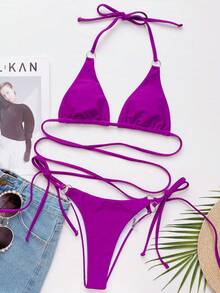 Swim SXY Summer Beach Solid Bikini Set Criss Cross Triangle & Tie Side Bottom 2 Piece Bathing Suit