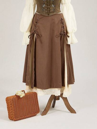 EDITION Plus Size Women Fairycore Contrast Color Block Striped Textured Fabric Tie-Up Skirt