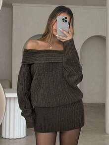 Aloruh 女士性感优雅露肩修身迷你连衣裙，长袖，纯色 - 棕色 - 查看 2