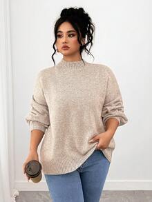 SHEIN Tall CURVE Áo len dài tay cổ tròn hở vai cỡ lớn thường ngày - Màu be - Xem 4