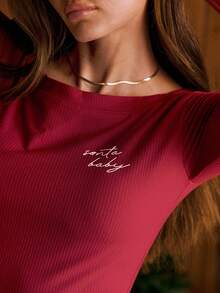 GLOWMODE FeatherFit™罗纹Merry Moves柔软弹力吸汗修身船领长袖上衣，适合节日、圣诞节、秋冬季户外及日常休闲穿着 - 紅色 - 查看 4