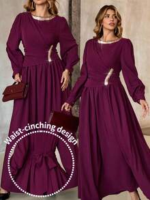 Roveilla Plus Size Women Long Sleeve Chiffon Round Neck Waist Cinched Flared Hem Sequin Ribbon Mesh Overlay Dress, Party - Red Violet - View 9