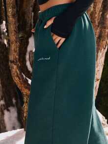 GLOWMODE Very Merry Heavyweight Fleece Soft Plush Wide Leg Embroidered Drawstring Sweatpants Holiday Christmas Autumn Winter Outdoors Daily Casual Wear - Dunkelgrün - Übersicht 6