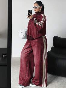 POPSWAY Chaqueta con cremallera de manga larga con estampado de mezclilla sintética + Pantalones rectos sueltos con estampado de mezclilla sintética, conjunto de 2 piezas elegante, retro, casual, para vacaciones y universidad, talla grande para otoño/invierno - Burdeos - Ver 4