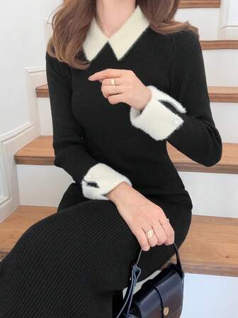 FRIFUL 女士撞色领长袖珍珠纽扣装饰修身长款毛衣连衣裙，秋冬款