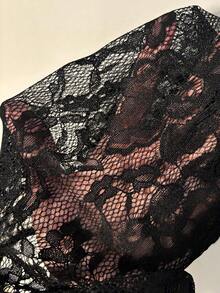 Cravure Plus Size Solid Color Off-Shoulder Long Sleeve Sheer Sexy Ruffle Hem Vintage Lace Dress - Black - View 9