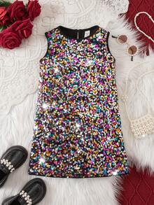 年轻女孩可爱优雅天鹅绒亮片蝴蝶结装饰连衣裙 - 金色 - 查看 1