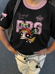 THE POWERPUFF GIRLS X SHEIN Tween Girl Summer Casual Cartoon Blossom, Bubbles, Buttercup Pattern Short Sleeve T-Shirt