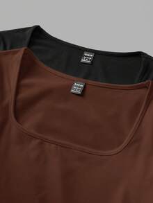 SHEIN EZwear Bộ đồ liền thân cổ vuông 2 món cho nữ, màu đen và nâu, áo dài tay thường ngày, cơ bản mùa xuân/thu - Nhiều màu - Xem 10