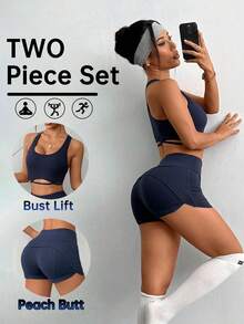 SHEIN Sovereign Charm 女士运动跑步健身瑜伽运动服 - 藏蓝色 - 查看 1