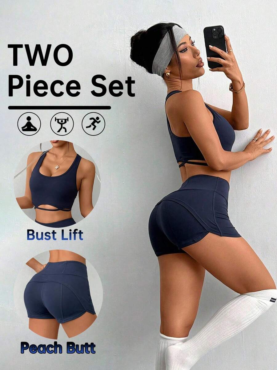 SHEIN Sovereign Charm 女士运动跑步健身瑜伽运动服 - 藏蓝色 - 查看 1