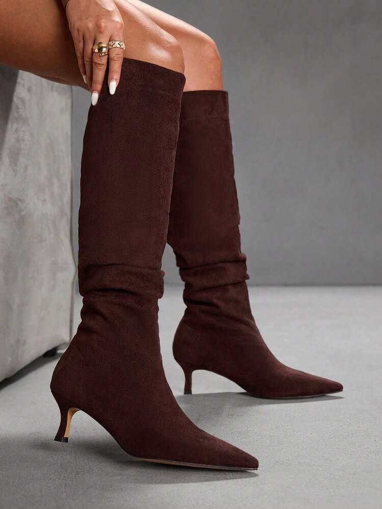 CUCCOO SZL Women's Pointed Toe Coffee Color Kitten Heel Boots, Fashionable Minimalist Commuting, Sexy Party Occasion Knee-High Boots For Christmas Spring Shoes